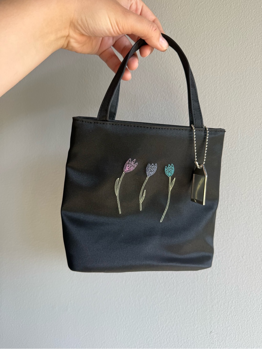 Black Floral Embroidered Tote Bag